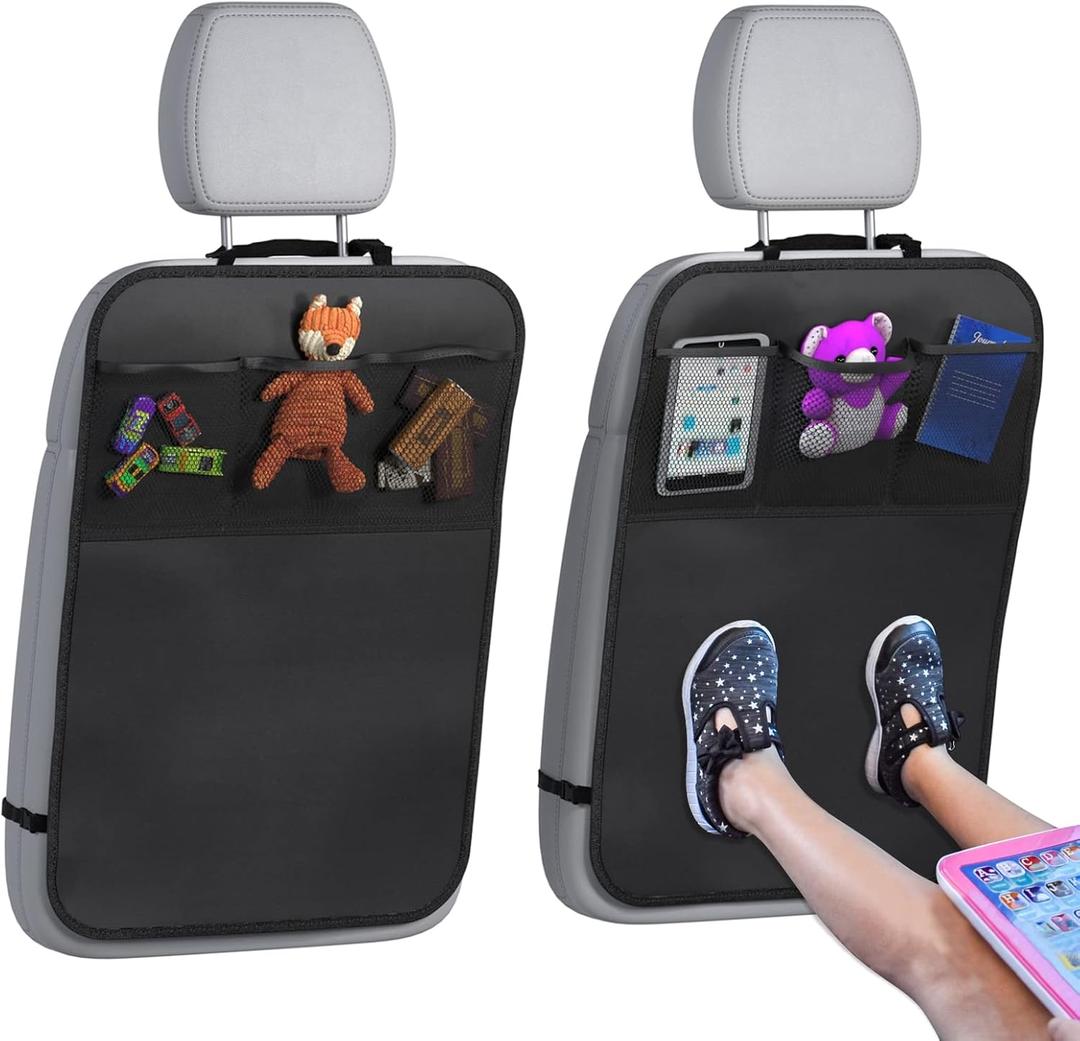 lebogner Back Seat Cover For Kids + 3 Pocket Storage Organizer, 2 Pack X-Large Waterproof Kick Mats Backseat Protector, Car Seat Back Protectors For Vehicles To Protect From Dirt, Mud & Scratches (Black)