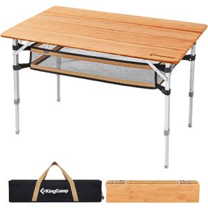 KingCamp Bamboo Folding Camping Table Adjustable. Supports 176lbs with A Premium Bamboo Top and 3 Adjustable Heights, Ideal for Stable Dining or Cooking at Picnics, RVs, and Glamping Sites, 4 Fold Ultra Large 39.4'' X 25.6''