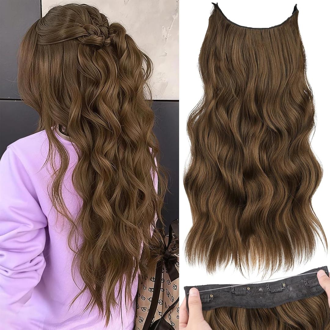 KooKaStyle Invisible Wire Hair Extensions with Transparent Wire Long Wavy Synthetic Hairpiece with 4 Secure Clips Adjustable Secret Headband for Women(20 Inch Chestnut Brown)