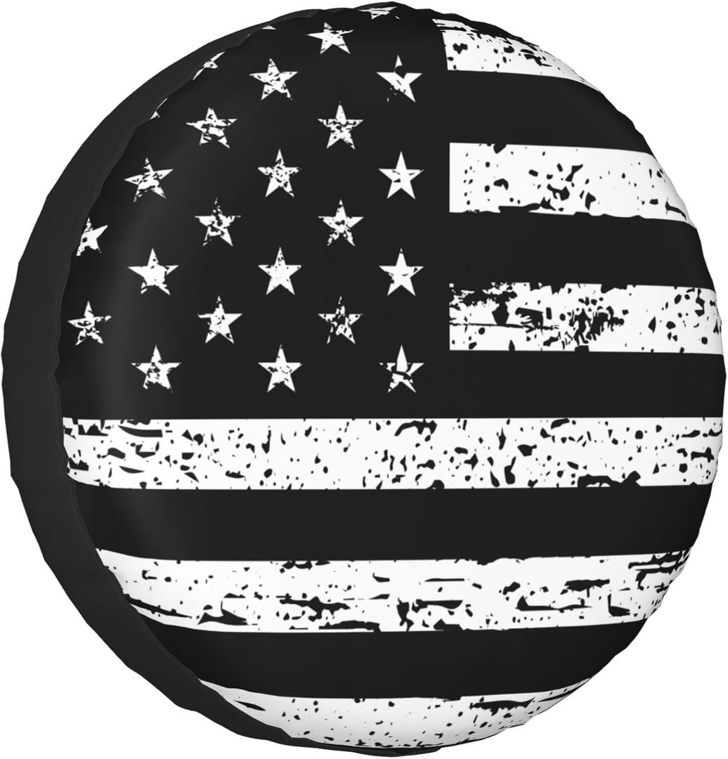 Spare Tire Cover Vintage American Flag for RV Trailer, Weatherproof Universal Wheel Cover for RV Travel Trailer Camper Truck Black White 14Inch