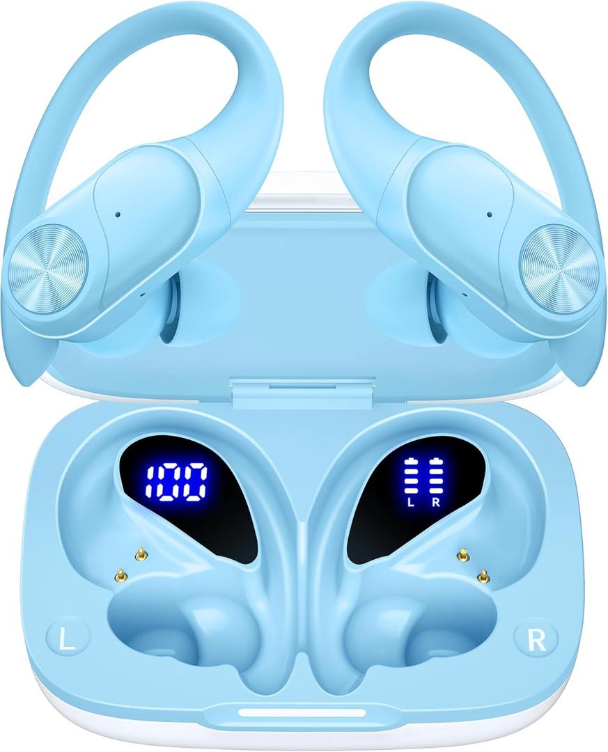 PocBuds Bluetooth Headphones Wireless Earbuds 80hrs Playtime Wireless Charging Case Digital Display Sports Ear Buds with Earhook Deep Bass IPX7 Waterproof Over-Ear Earphones for TV Phone Laptop Blue