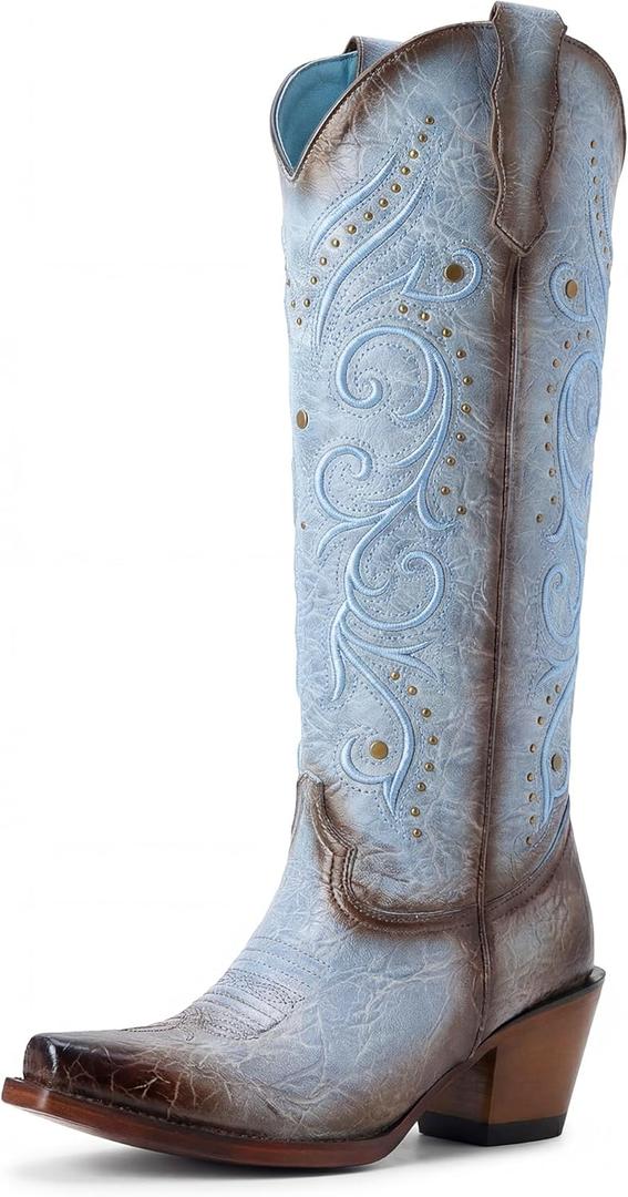 Knee High Womens Cowboy Boots Embroidered Pointed Toe Cowgirl Boots with Side Zipper Retro Western Chunky Heel Tall Boots Blue 8
