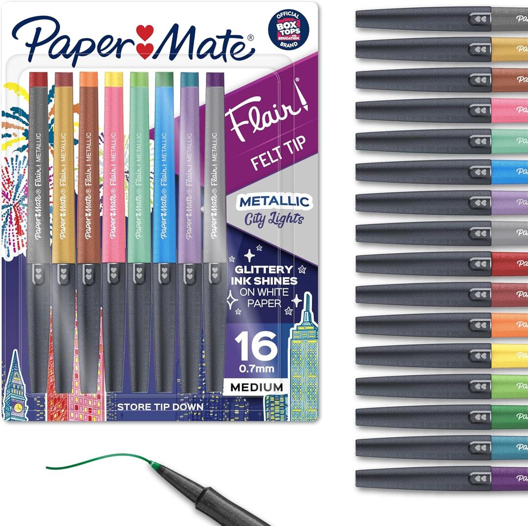 Paper Mate Flair Metallic Felt Tip Pens City Lights Collection Glittery Assorted Colors Premium Ink 16 Count Perfect for Writing Doodling and Bullet Journaling