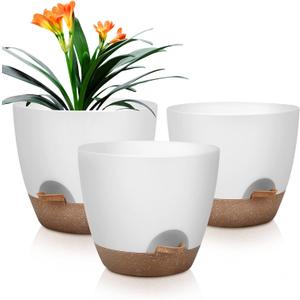 QRRICA Plant Pots 10/9/8 Inch Self Watering Pots, Set of 3 Plastic Planters with Drainage Holes and Saucers,Plastic Flower Pots,Nursery Planting Pot for Indoor Out Door PlantsWhite