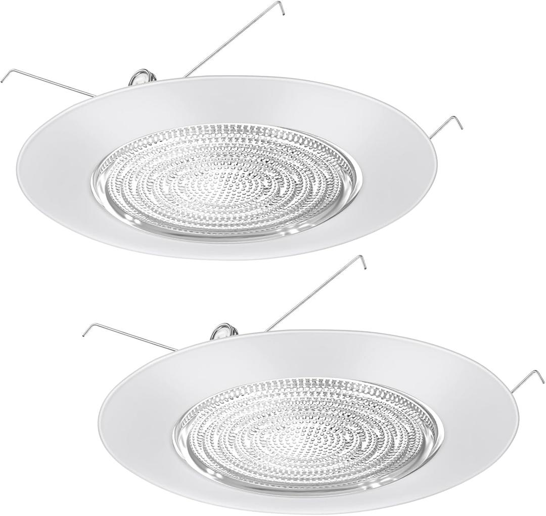 2 Pcs 6 Inch Shower Trim for Recessed Light Cover White Bathroom Light Cover Replacement with Fresnel Glass Lens Waterproof for Wet Locations Ceiling