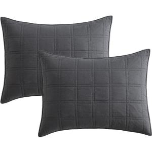 HORIMOTE HOME 100% Cotton Quilted Pillow Shams King Size, Charcoal Pre-Washed 2 Pack 20" x 36" Cozy Pillowcases, Breathable Stitching Pillow Cases Cover Decorative for Bed in Geometric Pattern