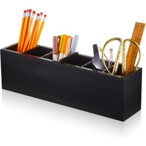 Jetec Wooden Pencil Pen Holder for Desk 6 Compartments Cosmetic Makeup Brush Stationery Office Desktop Organizers for Countertop Adjustable Silverware Caddy for Party, Art Supplies, Home Decor(Black)