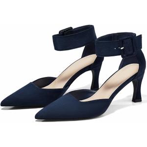 Coutgo Womens Kitten Low Heels Closed Pointed Toe Ankle Buckle Strap Pumps Suede Dress Wedding Shoes (7.5, Navy Blue)
