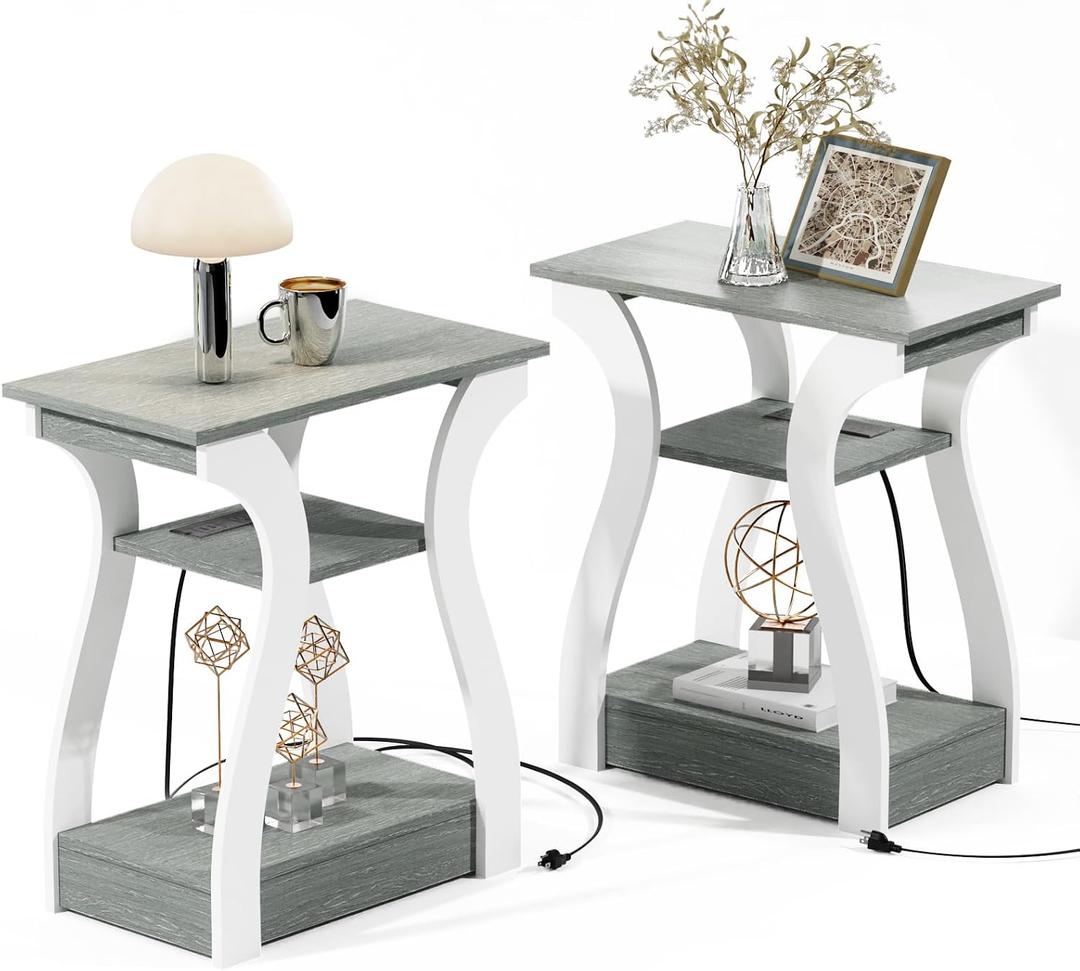 FROMJBEST End Tables Living Room Set of 2,Grey End Table with Charging Station,Grey Side Table, Nightstand for Bedroom, 3 Tier End Table with Storage Shelf for Living Room