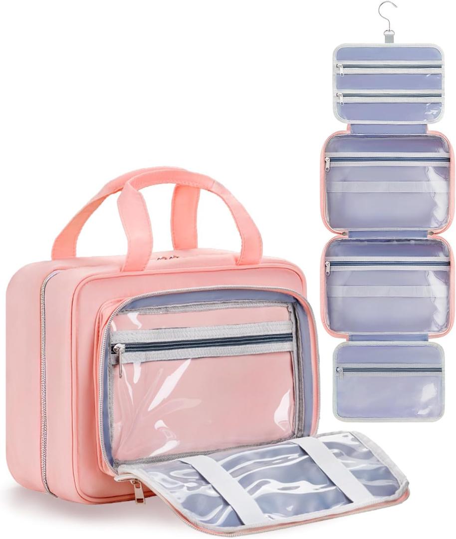 Travel Hanging Toiletry Bag for Women - Waterproof Cosmetic Organizer with Clear Window, Lightweight Bathroom Bags for Essentials, Makeup, Shampoo, Toiletries Dark Pink, Large