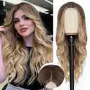 NAYOO Long Ombre Blonde Wavy Wig for Women 26 Inch Middle Part Lace Hairline Curly Wavy Wig Natural Looking Synthetic Heat Resistant Fiber for Daily Party Use