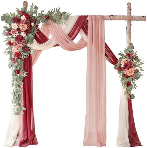 WEIERYUE Deluxe Wine Red Artificial Wedding Arch Flowers with Drapes Kit-Pack of 5, 2pcs Flower Arrangements 3pcs Hanging Valance Red Ceremony Arbor Reception Backdrop Rose Floral Decorations.
