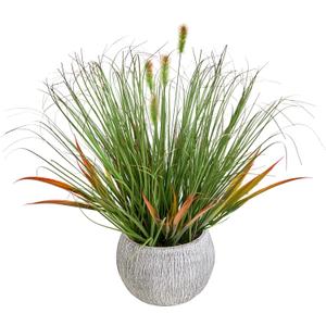 AlphaAcc 16.5" Fake Grass Plant Decorative Faux Greenery in Textured Gray Stripe Planter Lifelike Artificial Potted Plant for Modern Farmhouse Living Room Bedroom Kitchen Office Table Decor