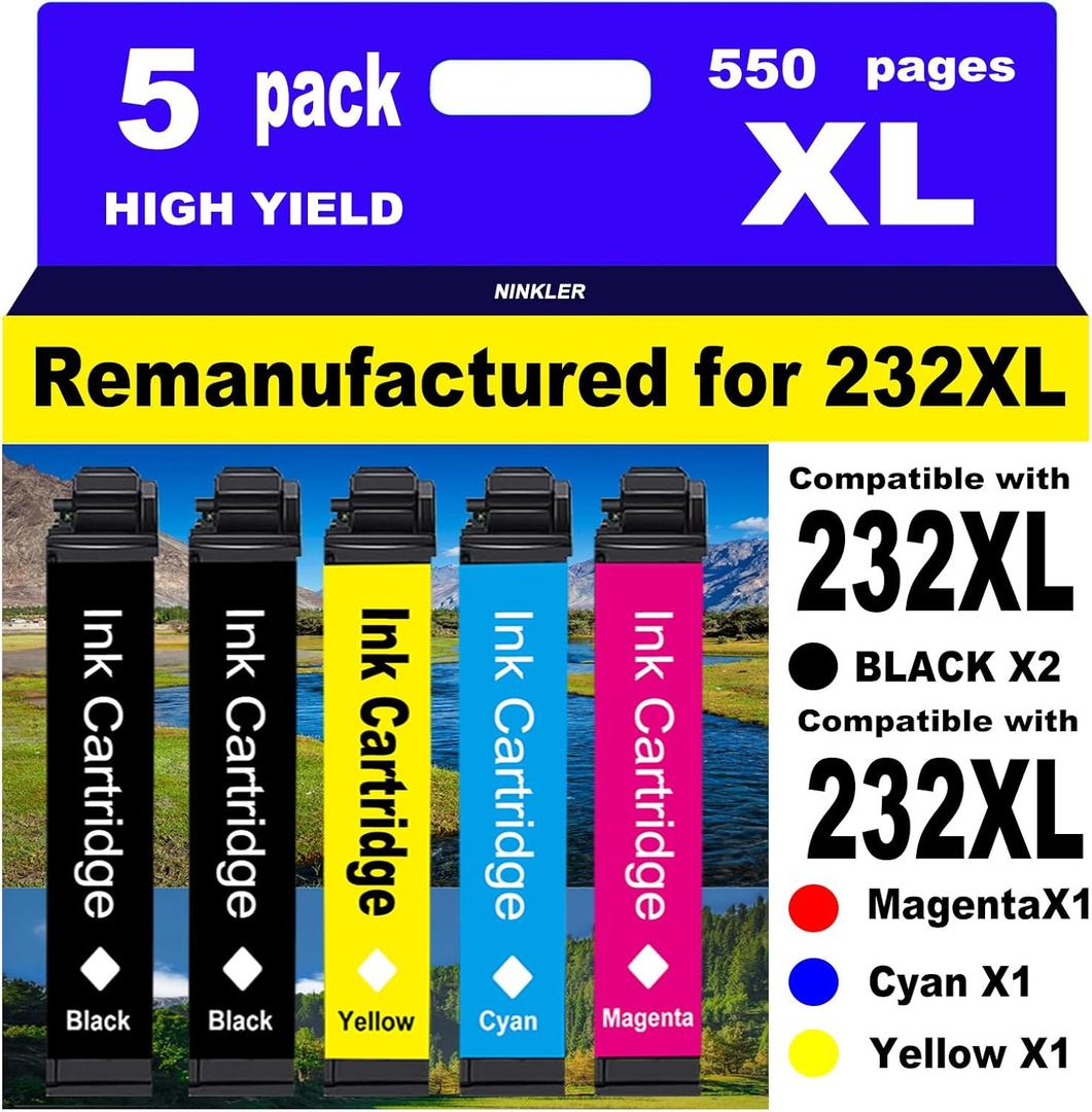 Remanufactured Ink Cartridges Replacement for Epson 232XL Ink Cartridges Combo Pack T232XL for XP-4200 XP-4205 Workforce WF-2930 WF-2950 Printer 5 Pack 2 Black 1 Cyan 1 Magenta 1 Yellow
