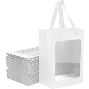 12 Pcs White Kraft Paper Gift Bags with Transparent Window, 9.84"x7.0"x5.12" Kraft Shopping Bags with Handles for Bouquet Christmas Birthdays Festivals Party Weddings Wrapping