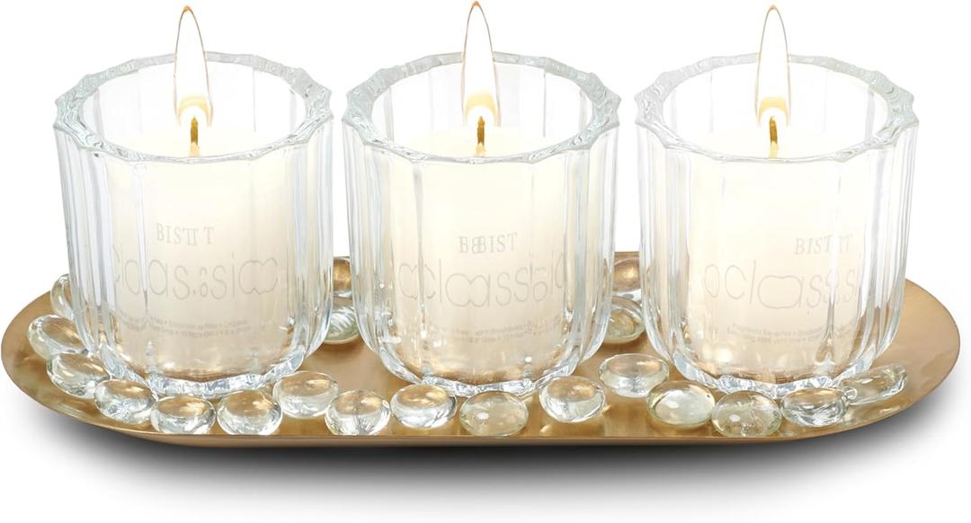 Dawhud Direct Glass Candle Holders - Transparent with Gold Base - Elegant Candle Centerpieces for Tables - Durable Heat-Resistant Design - Perfect for Weddings and Holidays - 3 Glass Set