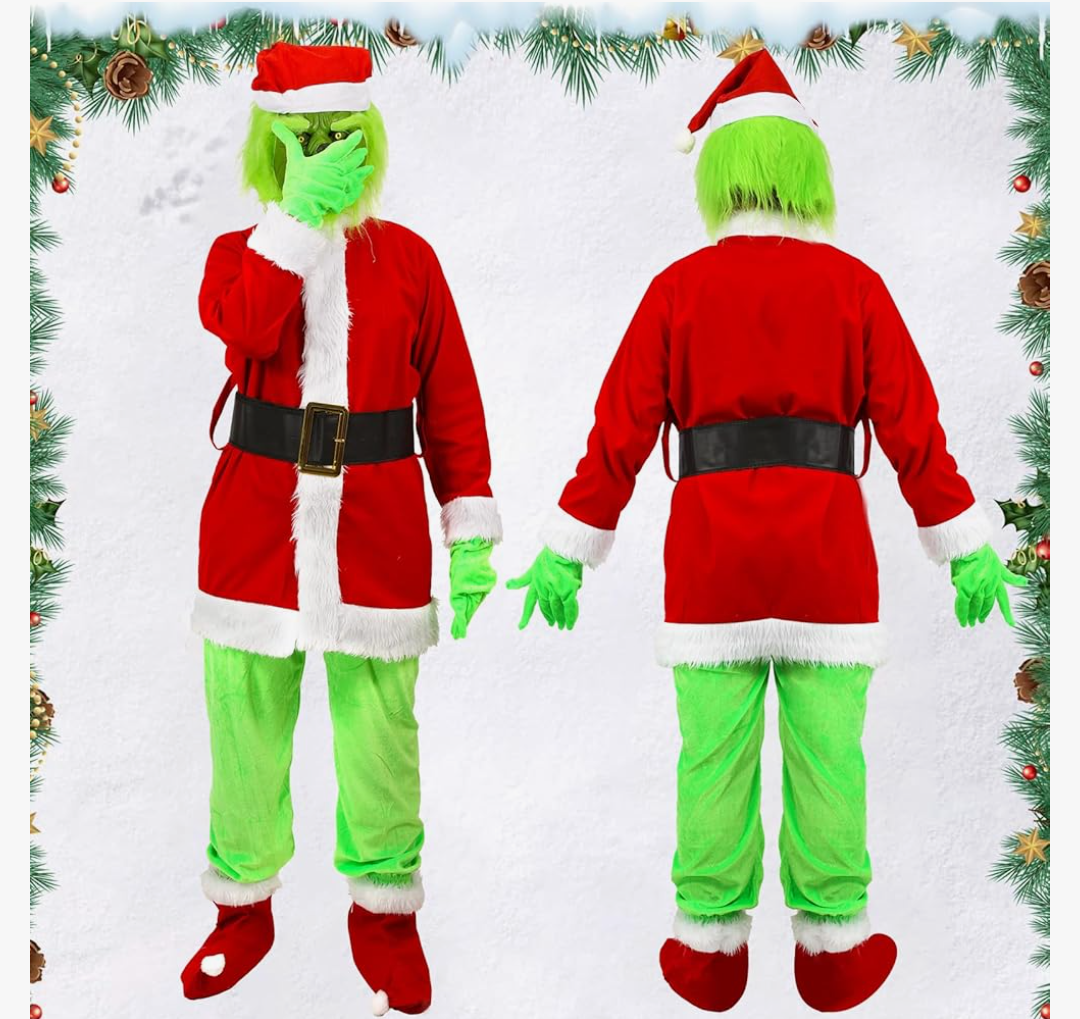 Christmas Costume for Men Green Big Monster 6PCS Deluxe Adult Santa Suit Xmas Outfit Set Halloween Holiday XL