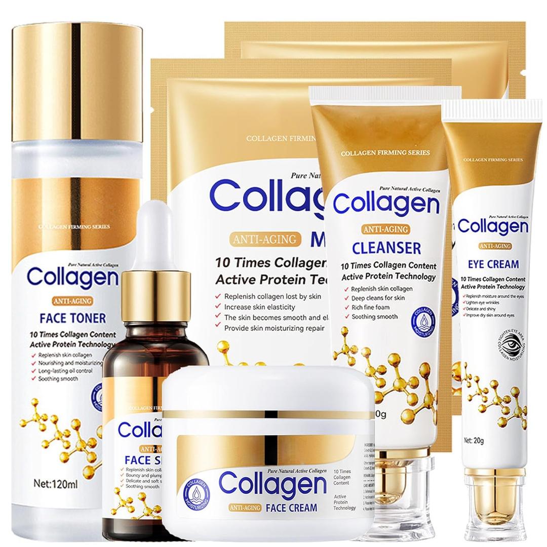 Collagen Skin Care Set, 6Pcs Anti Aging Face Care Sets for Women, Firming Skin, Shrink Pores, Smooth Wrinkles, Hydrating Skin Care Set Include Serum Face Cream Eye Cream Toner Cleanser Facial Mask1