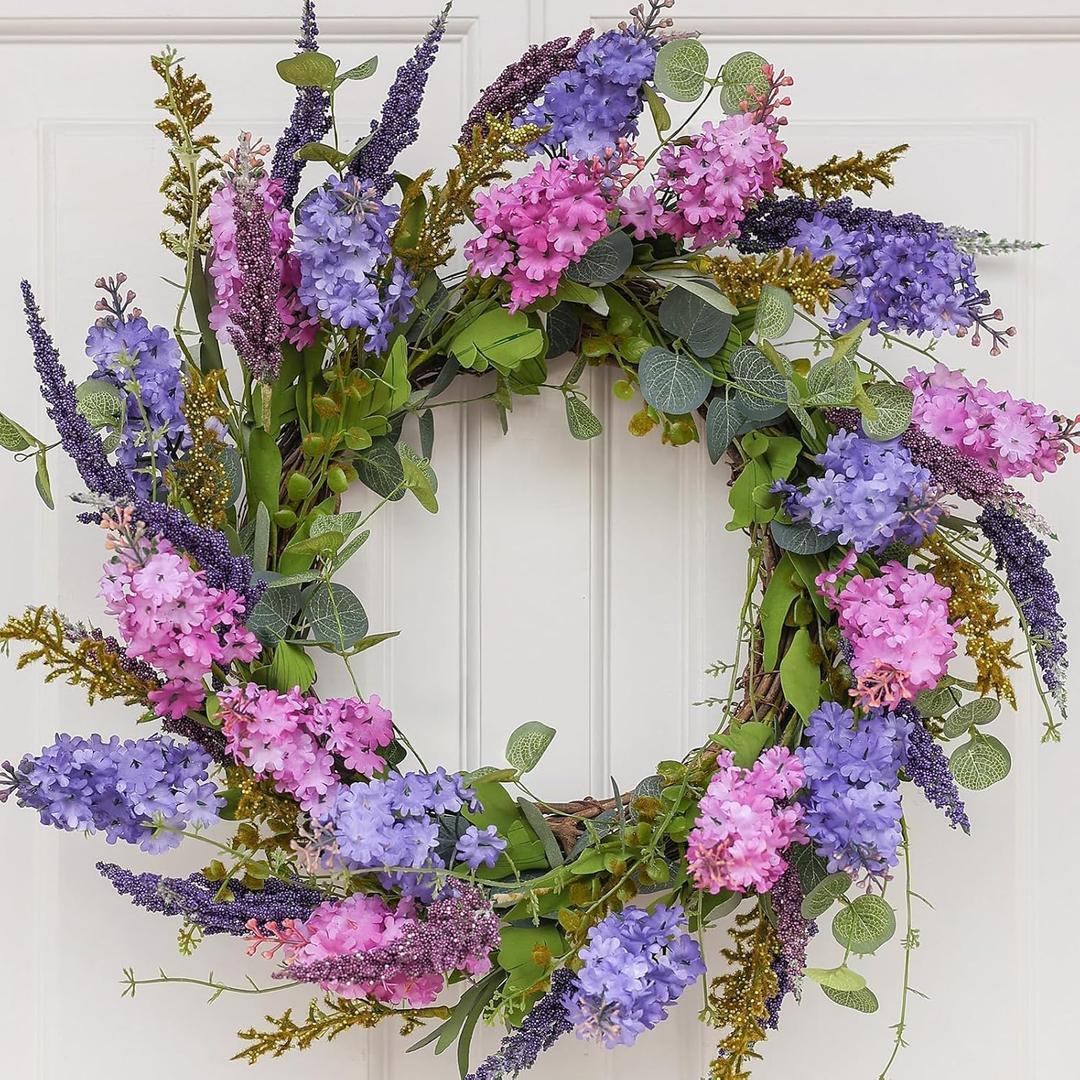 Spring Wreaths for Front Door with Lavender and Lilac, 20 Inch Outdoor Summer Wreath, Farmhouse Indoor Decor, Purple Floral Wreath for Wedding Home Wall Window Porch