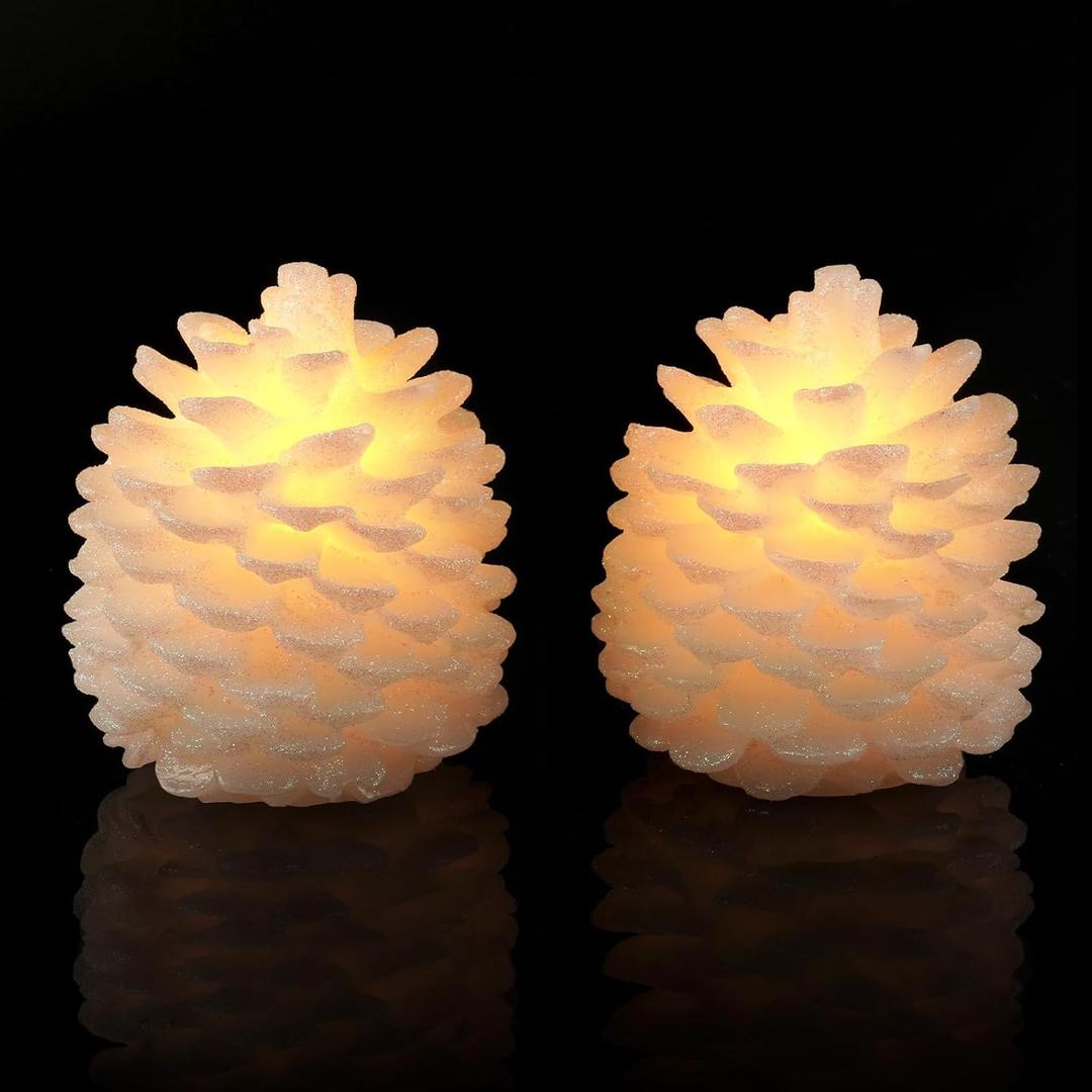 Homemory 2 Pcs Pine Cone Candles Flameless, White LED Flickering Lights with 6 Hours Timer, Battery Operated Candles for New Year Celebration Holiday Decorations D4.3 x H4.7 Inches