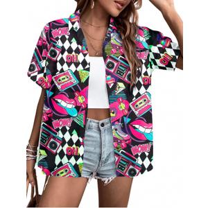 80s 90s Outfits for Women Retro 80's Disco Party Shirt Button Down Short Sleeve Tshirt 90's Blouse Hawaiian Tops (Pink, S)