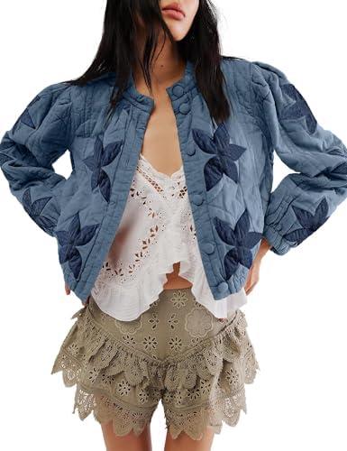 TUREAU Womens Floral Quilted Jackets Lightweight Cropped Button Down Padded Puffer Jacket Winter Warm Coats Medium