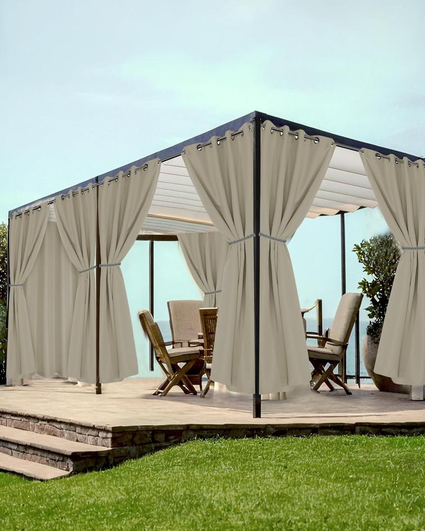HolidayIdeas Grommet Outdoor Curtains for Patio Waterproof 8 Pcs All Weather Balcony Outside Curtains for Apartments, Gazebo, Pergolas, Porch, 54x84 Inch, Taupe