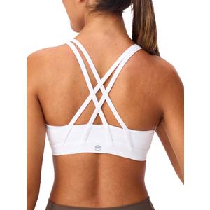Women's Strappy Sports Bras Light Compression Crop Criss Cross Back Padded Workout Yoga Bra Supportive U Neckline (White), S