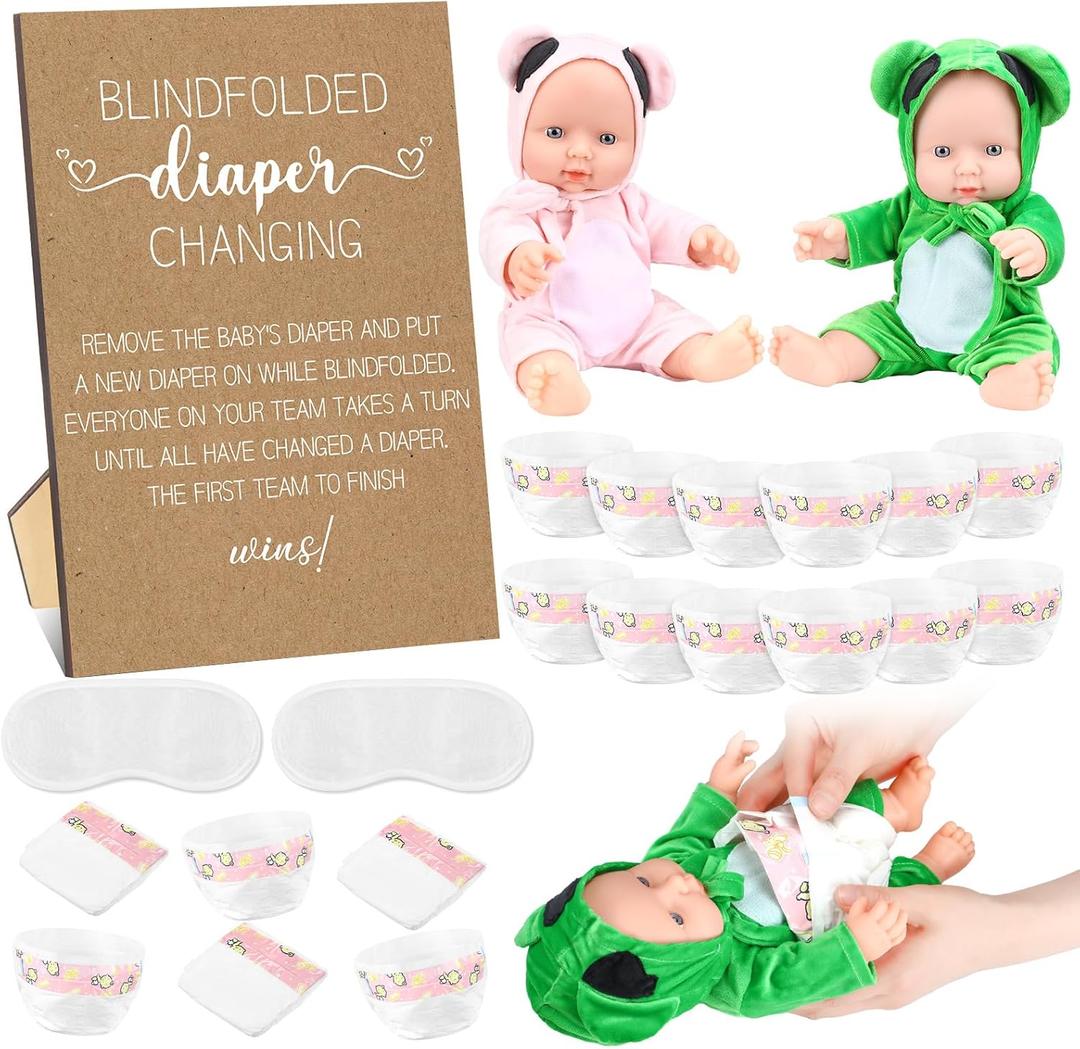 17 Pcs Baby Shower Game Supplies for Blindfold Diaper Changing Dolls with Blindfolds Diapers Baby Changing Diaper Race Game Set(Brown Kraft)