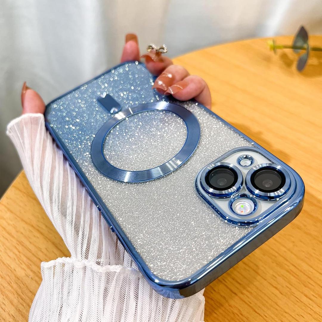 Case Fit for iPhone 14 (MagSafe Compatible) Camera Lens Protector Glitter Bling Plating Full Body Shockproof Protection Anti-Scratch Case for iPhone 14 6.1 Inch - Blue
