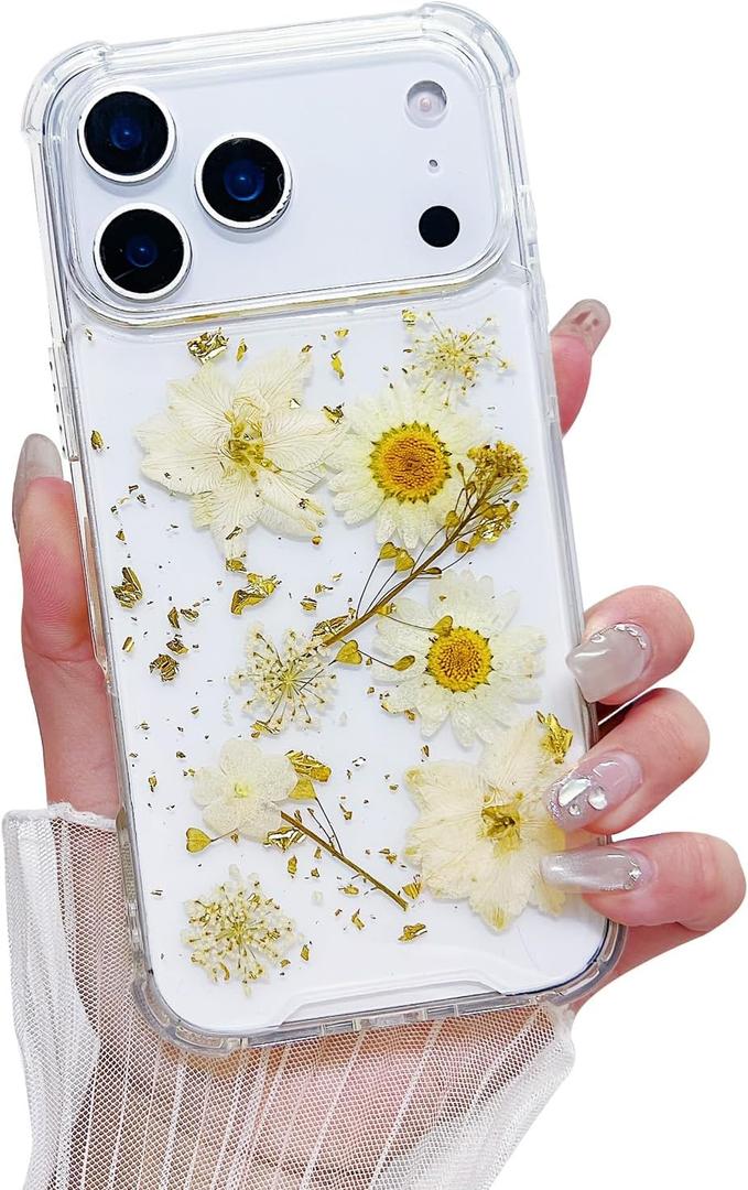 Compatible with iPhone 17 Pro Max Case Cute Pressed Dried Real Flowers Design Women Girly Shockproof Gliter Bling Floral Clear Phone Cover for iPhone 17 Pro Max (White Flower)