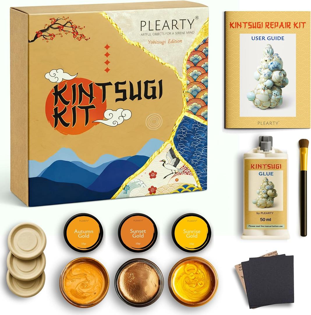 PLEARTY Kintsugi Repair Kit 50ml Food Safe Linseed Resin Dishwasher Proof 60g Metallic Gold Mica Powder 15-Page Guide - The Most Complete and Modern Kintsugi kit for Beginners (Without Ceramics)
