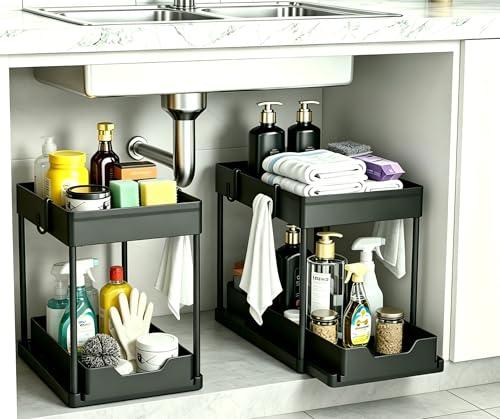 DEKAVA Under Sink Organizer Bathroom Cabinet Organizer, 2 Tier Sliding Cabinet Basket Organizer Drawer, Multi-Purpose Bath Collection Baskets for Bathroom (Black)