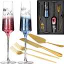 Wedding Cake Knife and Server Set, Mr and Mrs Champagne Flutes& Cake Cutting and Forks Set, Bridal Shower Gifts Wedding Anniversary Engagement Gifts for Bride and Groom