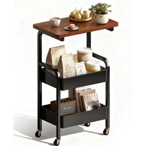 3 Tier Metal Rolling Utility Cart Organizer with Walnut Table Top, Stable and Sturdy Rolling Storage Carts with 2 Lockable Wheels for KitchenBathroomSnacksCoffeeCraftMakeupBaby Essentials (Black)
