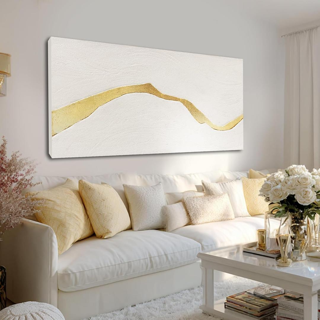 GAIDUOMAI Large Neutral Abstract Wall Decor Gold Line Art Hand Painted Contemporary White Wall Art for Living Room Modern Artwork for Bedroom Office 29x58 Inch
