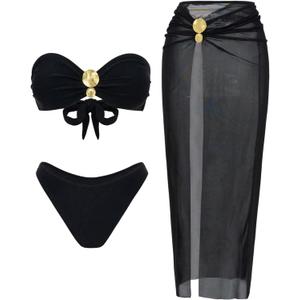 GORGLITTER Women's Strapless Bandeau Swimsuits 3 Piece Summer Beach Sexy Bathing Suit Bikini with Skirt Coverup, Size S (Black)