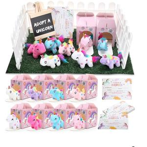 84 Pcs Adopt a Pet Party Supplies 24 Mini Animals 10 White Plastic Fence 24 Paper Gift Boxes 24 Adoption Cards with Mini Chalkboard and Artificial Lawn(Unicorn