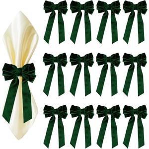 12 Pcs Dark Green Velvet Bow Napkin Rings, 4x7 Inch Elegant Bow with 1.6 Inch Napkin Holder, Decorative for Wedding Christmas Thanksgiving Dinner Party Table Setting