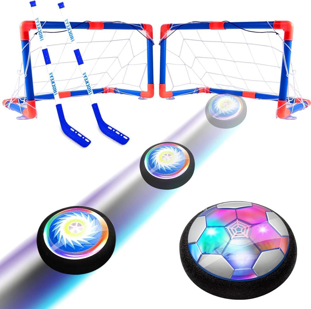 3-in-1 Hover Hockey Soccer Ball Set, Rechargeable Air Soccer and Floating Battery Hockey Kids Toys with LED Lights and Foam Bumper, 2 Goals for Boys and Girls Ages 4 5 6 7 8-12 for Indoor/Outdoor Game