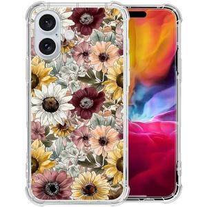 Case Compatible with iPhone 16, Clear Non-Yellowing Scratch Resistant Shockproof Cover, Protective Phone Case for Women Men, Blooming Flowerets