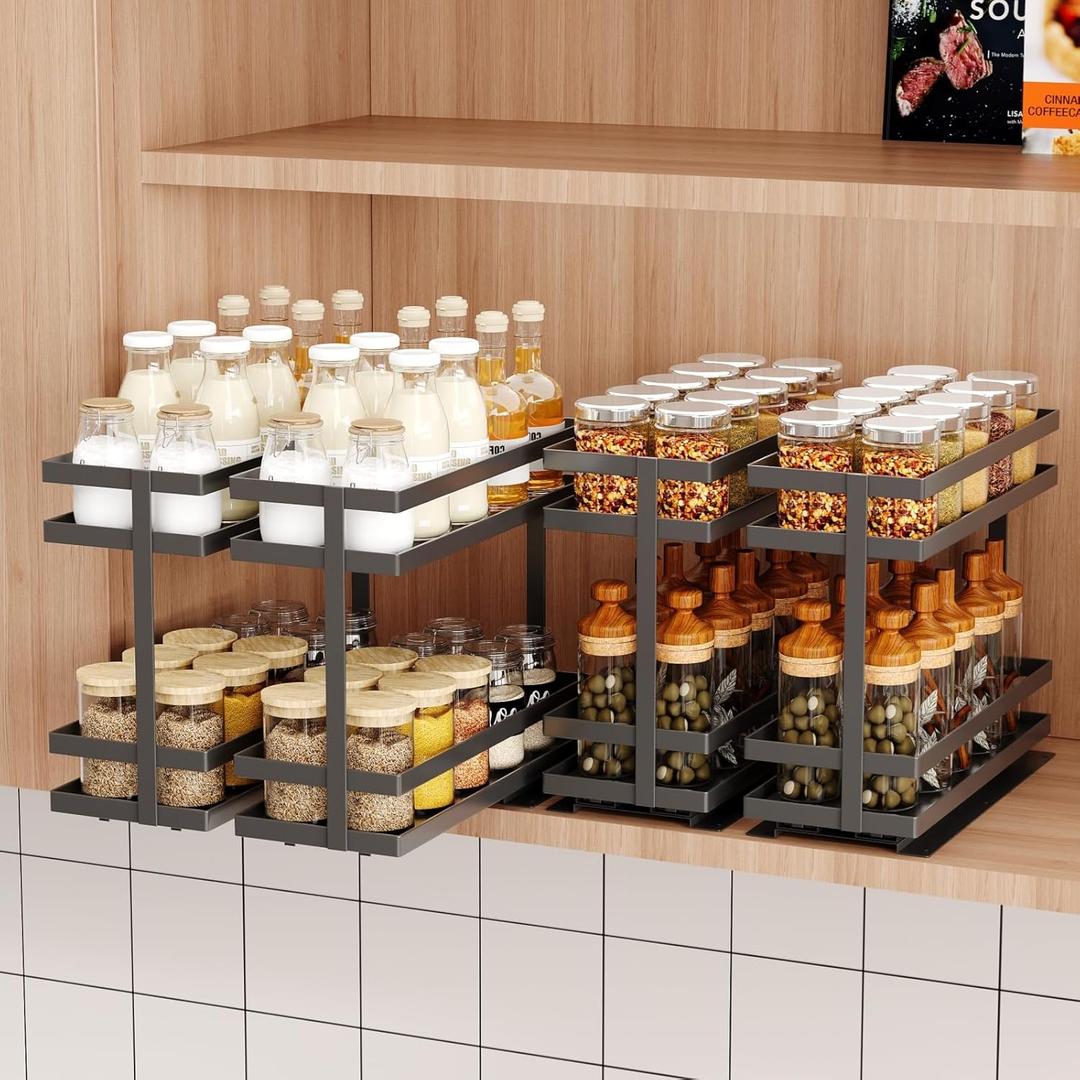 4 Pack Pull Out Spice Rack Organizer for Cabinet, 2 Tier Metal Slide Out Seasoning Organizer and Storage Heavy Duty Vertical Spice Rack Shelf Pullout for Kitchen Cabinets No Drilling (Black)