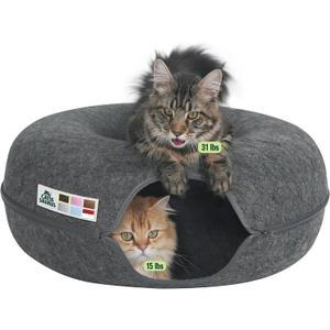 Cattasaurus Peekaboo Cat Cave Donut for Multiple & Large Cats up to 30-45 lbs, 3-in-1 Self Warming Cat Bed, Tunnel & Scratcher for Indoor Cats, Washable & Detachable Small Dog Bed (Dark Gray, Jumbo)