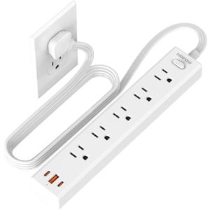 Flat Plug Power Strip, 6 Ft Ultra Thin Flat Extension Cord, Surge Protector with 5 Outlets & 3 USB Ports (2 USB C), 1700 Joules, Wall Mount, Desktop Charging Station for Home Office Dorm, White
