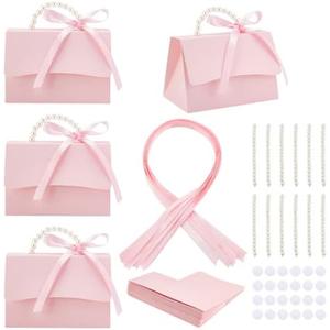 BENECREAT 12 Sets Wedding Favors Box DIY Set, Pink Kraft Paper Box with Pearl Handle, Ribbons, Stickers, Gift Boxes for Birthday, Party Favor, Boutique, Wedding and Anniversary