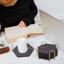 Absorbent Hexagon Black Marble Coasters for Drink with Gold Holder and Cork Base Set of 6 Decorative Tabletop Protection for Bar Kitchen Home and Dining Room