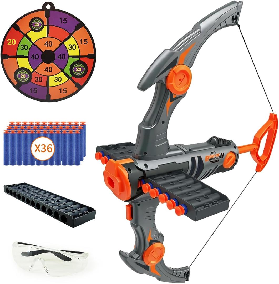 Toy Bow and Arrow for Nerf Gun Bullets, 12-Dart Clip Shot Foam Bullet Toy Archery Set with 36 Foam Darts 1 Goggle and Target, Birthday Gifts Party Game (Grey)
