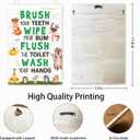 2 x Wash Brush Wipe Flush Sign Kids Bathroom Wood Plaques Wall Decor, Cute Woodland Animal Theme Front Door Wooden Hanging Sign for Boys Bathroom Toilet Washroom Wall Decor 12'' L x 8'' W