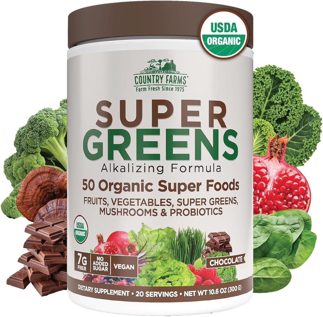 Country Farms Organic Super Greens Chocolate Flavor, 50 Organic Super Foods, USDA Organic Drink Mix, Packed with Fiber, Fruits, Vegetables, Mushrooms & Probiotics, Supports Energy, 7g Fiber (10.6 Ounce (Pack of 1))