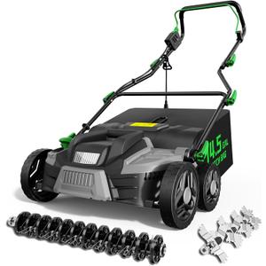 TIECTOWN 2026 Upgrade 16-Inch 15.5 Amp 2-in-1 Electric Dethatcher and Scarifier with 14.5-Gallon Collection Bag, Lawn Dethatcher with 5-Position Depth Adjustment, Keeps Lawn Healthy - Green